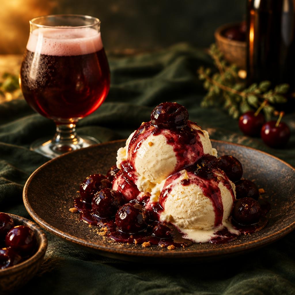 Kersen-krieksaus met vanille-ijs — recept met Kriek (kersenlambiek)
